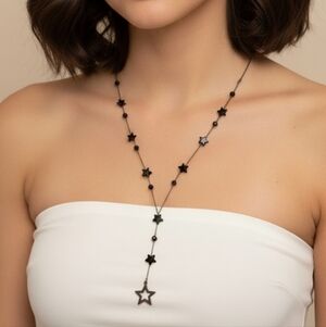 ⭐️ 18K Pure Gold Black Swarovski Stars Real Plated Necklace New